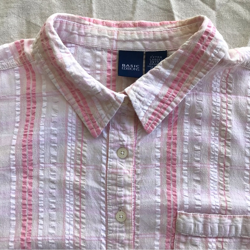 Vintage  Seersucker Striped Pastel Short Sleeve Button Down ~ Size XL
